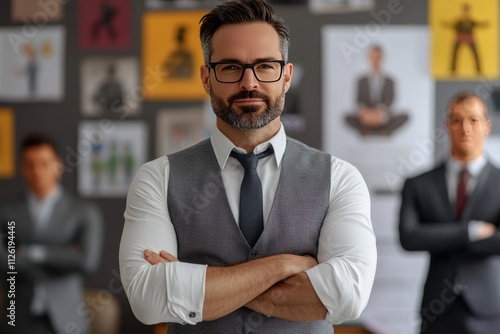 Confident Businessman in Modern Office Setting with Colleagues