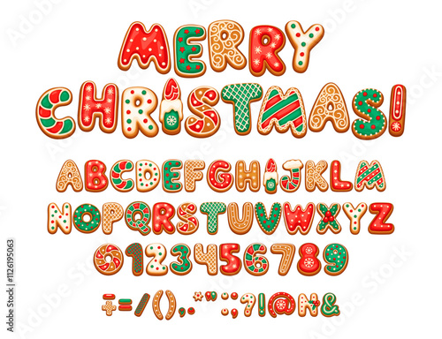 Christmas gingerbread font, x mas typeface, new year type, English pastry alphabet. Festive abc characters decorated with icing, candy patterns and holiday colors. Letters, numbers and symbol cookies
