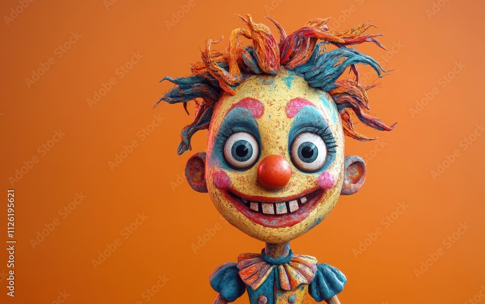 A 3D-rendered clay clown with a cute, smiling expression, colorful hair, and intricate facial details, set against an orange background, A 3D-rendered clay clown with a cute, smiling expression, colorful hair, and intricate facial details, set against an orange background,