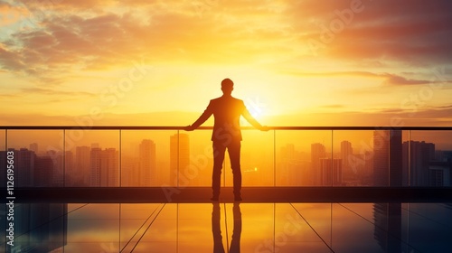 A man stands on a balcony looking out at the city