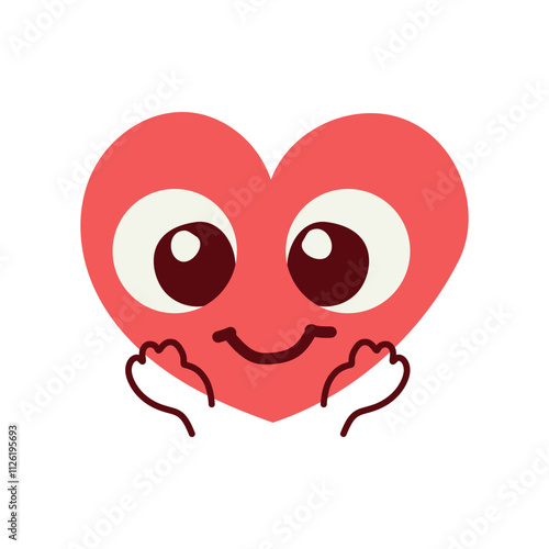Vector icon of red happy heart character different emoji on white background. Romantic flat style Valentine's Day illustrations to express feelings of love .