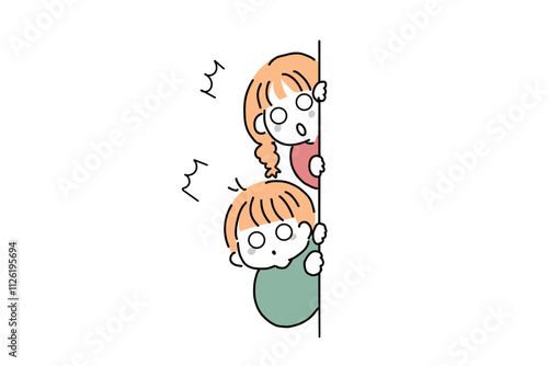 壁から覗いている子ども達　驚く