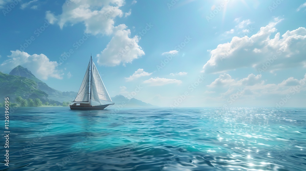 Fototapeta premium A luxury yacht sailing in clear blue waters under a bright sky.
