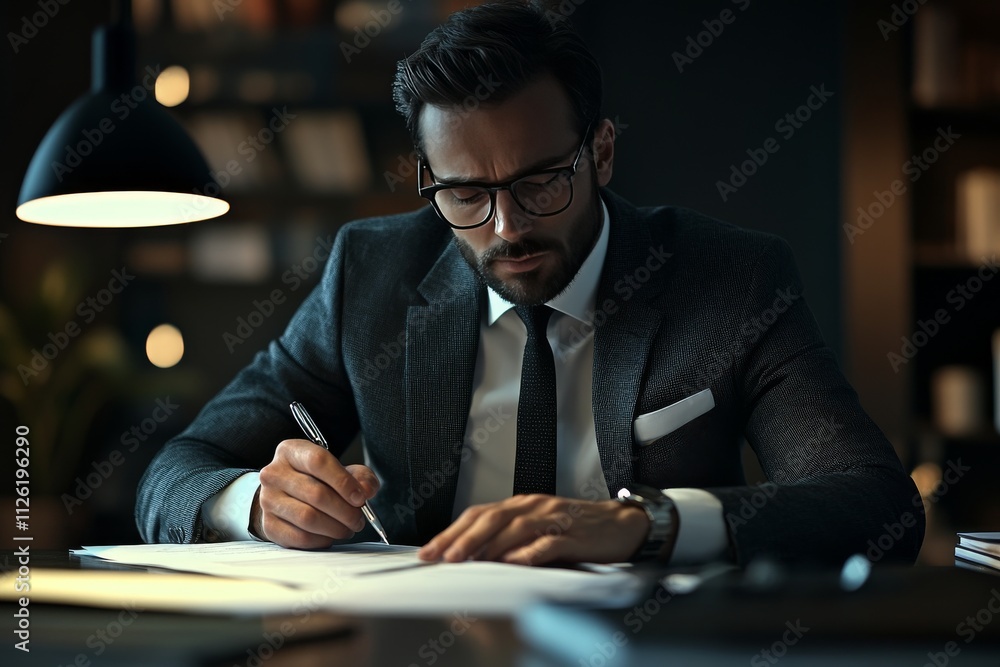 Focused Businessman in Suit Working Late at Night in Modern Office Focused Businessman in Suit Working Late at Night in Modern Office