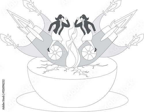 Victims of war, wars and disasters, wars that cost people their jobs, careers or businesses, agonized and desperate businesswomen sitting and crying next to bowls shattered by missiles
