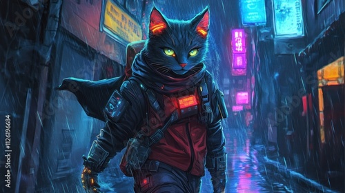 Cyberpunk Cat Walks Through Rainy City Streets photo