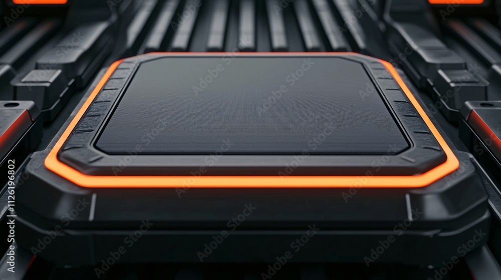 Luggage conveyor trip concept. High-tech black and orange circuit board with intricate patterns and modern design elements. Luggage conveyor trip concept. High-tech black and orange circuit board with intricate patterns and modern design elements.