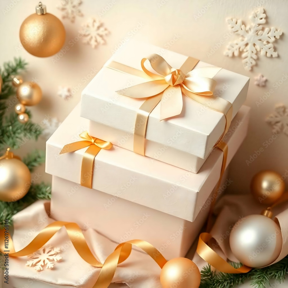 Two elegantly wrapped gifts with gold ribbons are stacked, surrounded by golden ornaments and snowflakes on a soft background. Two elegantly wrapped gifts with gold ribbons are stacked, surrounded by golden ornaments and snowflakes on a soft background.