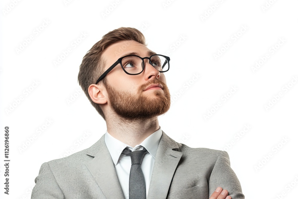 A man in a suit and glasses is looking up at the camera A man in a suit and glasses is looking up at the camera
