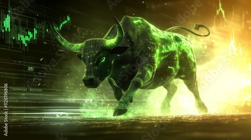 glowing bull, stock market lights, futuristic green bull scene, digital bull art, financial theme photo