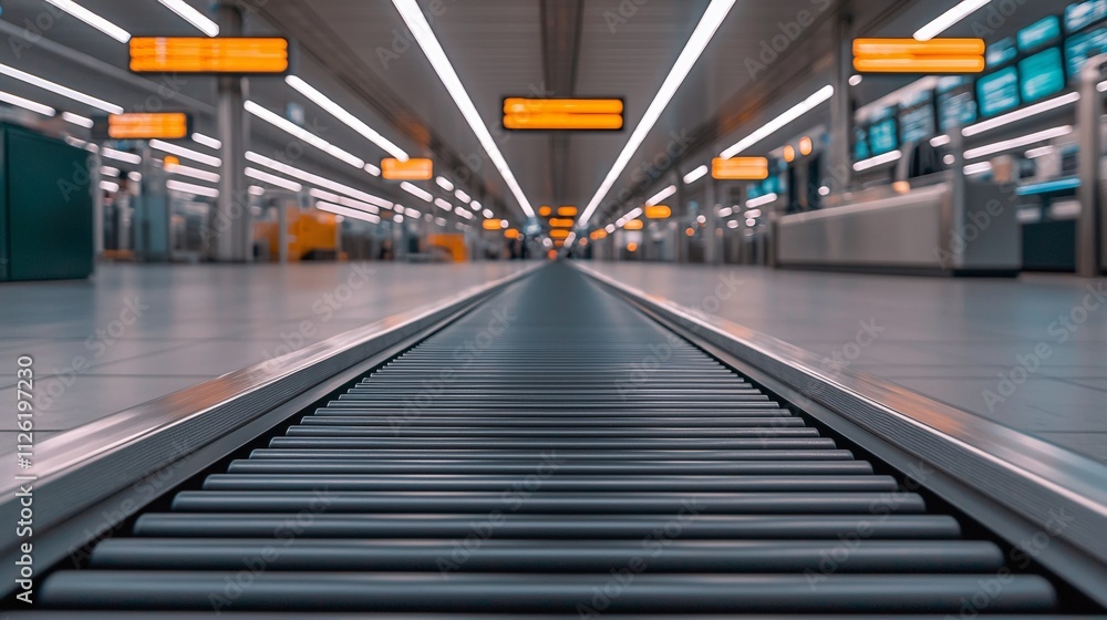 Luggage conveyor trip concept. A low-angle view of an empty airport baggage claim area with illuminated signs. Luggage conveyor trip concept. A low-angle view of an empty airport baggage claim area with illuminated signs.