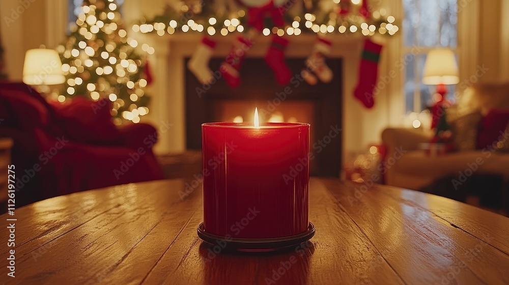 A cozy holiday scene featuring a lit candle on a table with festive decorations in the background.