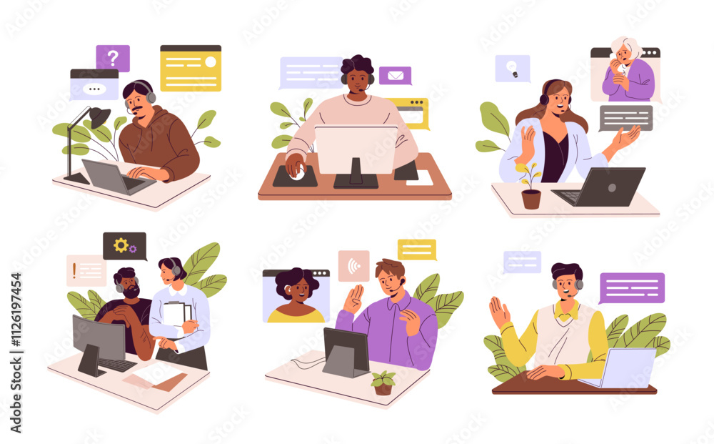Operators of call center concept set. Workers of helpdesk, hotline in headphones help clients. Technical support service communicates with customers. Flat isolated vector illustrations on white Operators of call center concept set. Workers of helpdesk, hotline in headphones help clients. Technical support service communicates with customers. Flat isolated vector illustrations on white