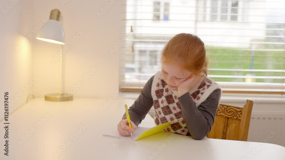 Young girl focused on writing at a bright table in a cozy room during the day Young girl focused on writing at a bright table in a cozy room during the day