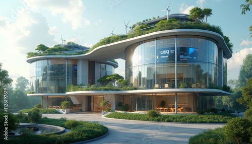 A sleek and modern building. The building combines cutting-edge technology with natural elements. The features curved glass windows that reflect the surroundings, giving it a mirage-like pres photo