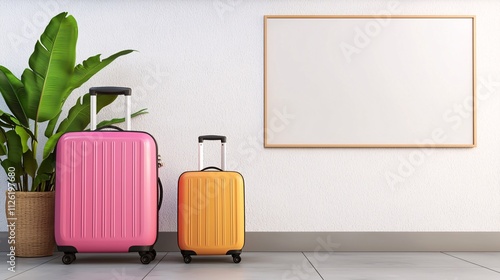 Luggage conveyor trip concept. Luggage in vibrant colors beside a plant against a minimalist wall with a blank frame.