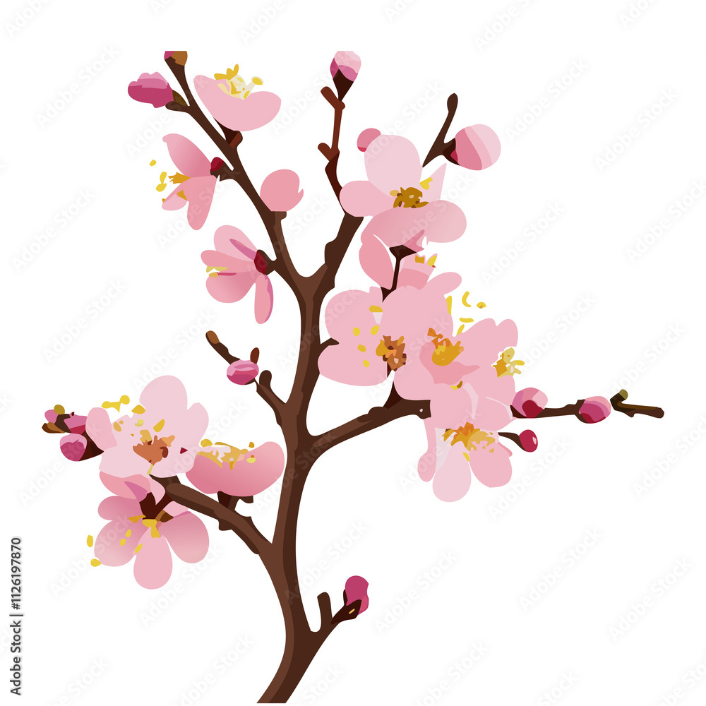 Pink Sakura Blossom Branch with Buds and Flowers on White Background Pink Sakura Blossom Branch with Buds and Flowers on White Background