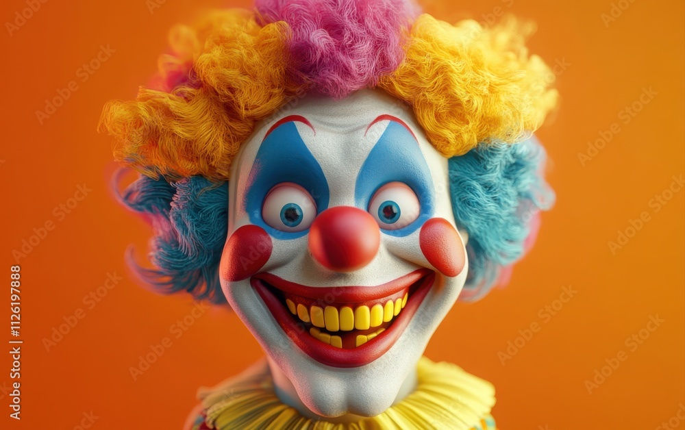 A meticulously detailed 3D clay clown with bright, colorful hair and a wide smile, showcased in a centered portrait against an orange backdrop A meticulously detailed 3D clay clown with bright, colorful hair and a wide smile, showcased in a centered portrait against an orange backdrop