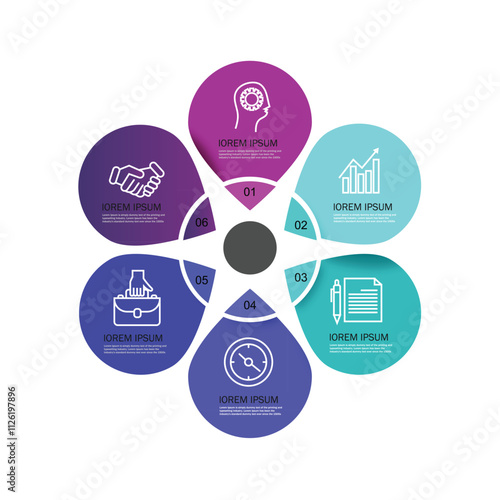 Modern infographic design template. Simple circular diagram with 6 successively connected round elements