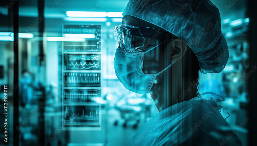 Double-exposure image of a doctor and inside of an operation room. doctor looking at x ray Double-exposure image of a doctor and inside of an operation room. doctor looking at x ray