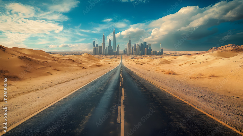 Desert road leading to a modern city skyline under a dramatic sky Desert road leading to a modern city skyline under a dramatic sky