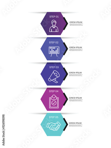 Infographic template of hexagonal elements. Vertical timeline concept with 5 options