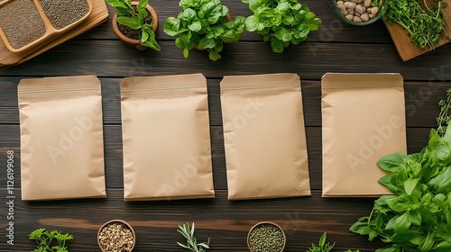Four Brown Paper Envelopes with Green Herbs and Seeds on a Wooden Background