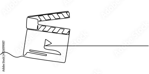 One continuous line drawing of clapper board. Action movie scene and retro video production concept in simple linear style. Outline editable stroke. Doodle vector illustration, One line drawing.