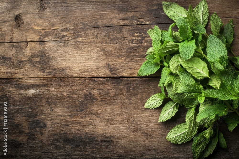 Fresh mint leaves on rustic wooden background nature close-up culinary inspiration organic lifestyle natural elements for creative designs and recipes