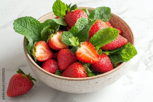 Refreshing summer treat a bowl of fresh strawberries and mint leaves on a marble surface capturing nature's beauty in a bright and inviting kitchen environment