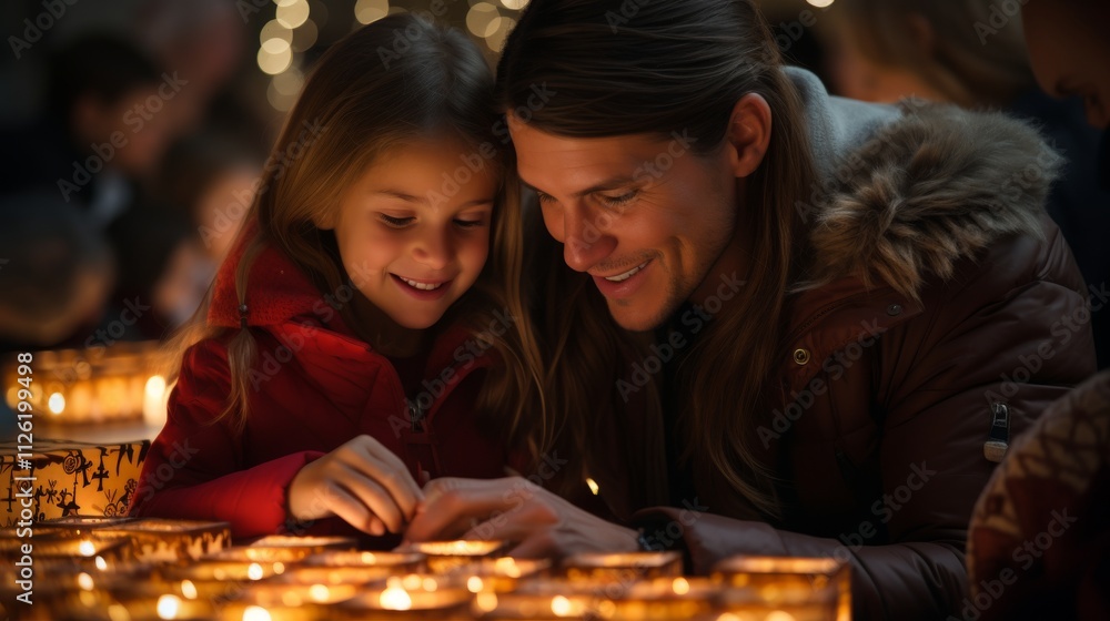 A man and a little girl are looking at candles A man and a little girl are looking at candles