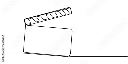 One continuous line drawing of clapper board. Action movie scene and retro video production concept in simple linear style. Outline editable stroke. Doodle vector illustration, One line drawing.