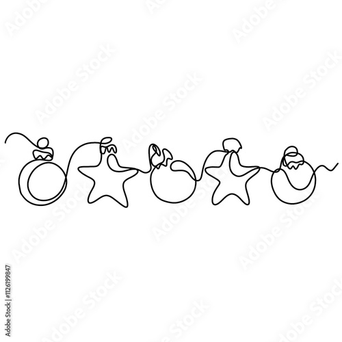 Merry Christmas new year decoration. Continuous one line drawing art. Holiday greeting card Christmas ball, stars and tinsel.