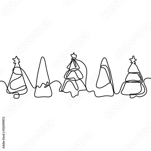 Merry Christmas new year decoration. Continuous one line drawing art. Holiday greeting card Christmas ball, stars and tinsel.