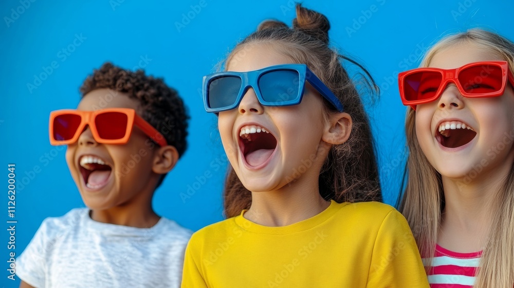 Three children wearing sunglasses and smiling. Scene is happy and cheerful. The children are wearing colorful sunglasses, which adds to the fun and playful atmosphere Three children wearing sunglasses and smiling. Scene is happy and cheerful. The children are wearing colorful sunglasses, which adds to the fun and playful atmosphere