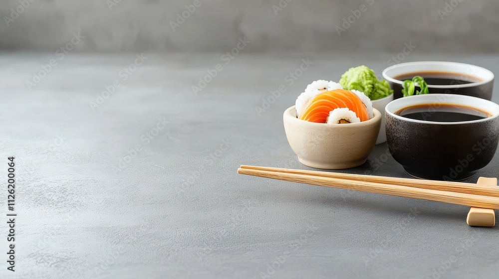 A minimalist arrangement of sushi, soy sauce, and wasabi on a gray textured background, accompanied by wooden chopsticks. A minimalist arrangement of sushi, soy sauce, and wasabi on a gray textured background, accompanied by wooden chopsticks.