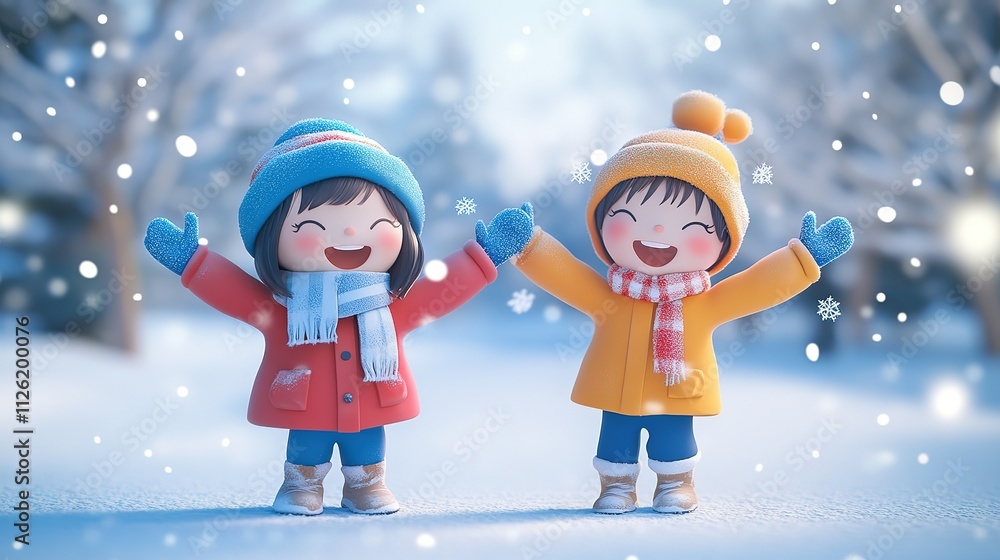 Colorful banner featuring two children in winter clothes joyfully playing in the snow. The kids are dressed warmly in coats, scarves, mittens, and boots, with snowflakes falling, illustration. 8k Colorful banner featuring two children in winter clothes joyfully playing in the snow. The kids are dressed warmly in coats, scarves, mittens, and boots, with snowflakes falling, illustration. 8k