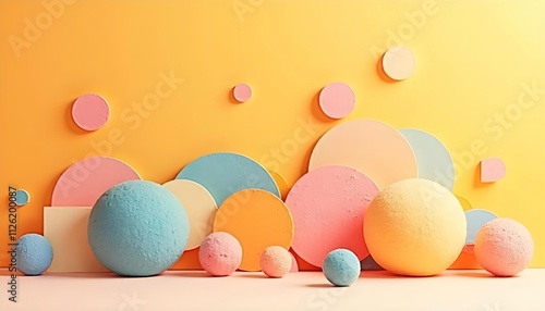 A large number of colorful abstract circles, squares, triangles and other shapes arranged in a minimalist design style, with bright contrasting colors