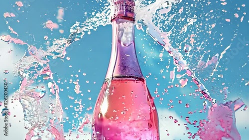 Popping champagne bottle with water splashing dramatically.