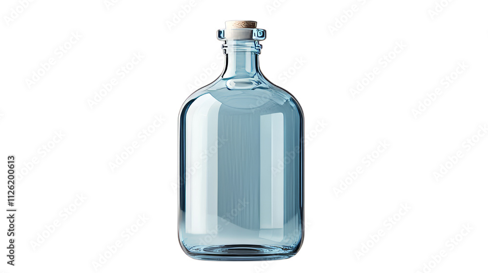 An empty glass bottle of light blue color with a cork on a transparent background. The bottle has a rounded shape with a narrow neck. It looks clean and new. An empty glass bottle of light blue color with a cork on a transparent background. The bottle has a rounded shape with a narrow neck. It looks clean and new.