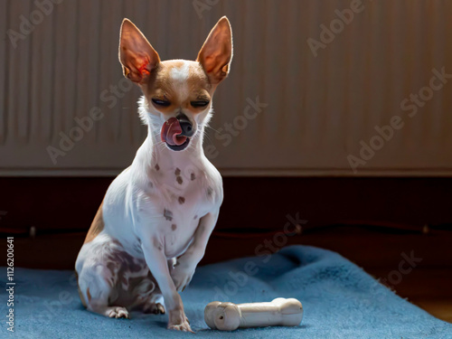 Weißbrauner Chihuahua Rüde leckt sich genüsslich das Maul.