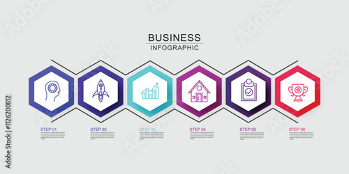 Business hexagon infographic template. Timeline process with 6 options or steps