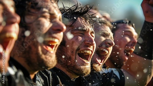 A rugby team celebrating a hard-fought win photo