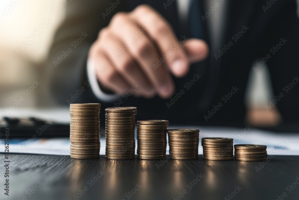Businessman's Hand Stacking Coins in Increasing Order on Desk Businessman's Hand Stacking Coins in Increasing Order on Desk