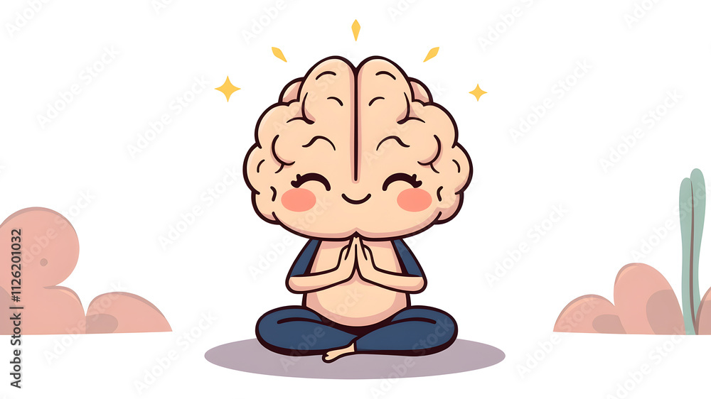 Obraz premium Cute healthy happy human brain organ mental calm yoga serenity meditate. Vector kawaii cartoon illustration character icon design. Isolated on white background. Brain, mind relaxation Generative AI