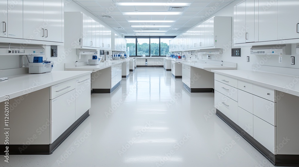 A modern, spacious laboratory featuring white countertops, bright lighting, and large windows, creating a clean and efficient workspace. A modern, spacious laboratory featuring white countertops, bright lighting, and large windows, creating a clean and efficient workspace.