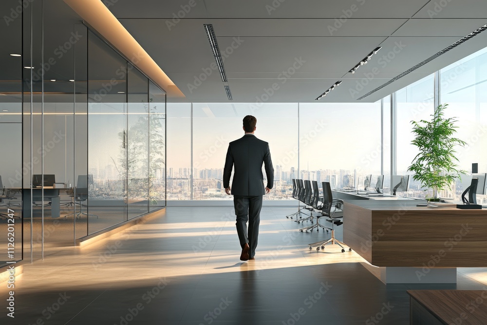 Modern Office Interior with Businessman Walking Towards Panoramic City Modern Office Interior with Businessman Walking Towards Panoramic City