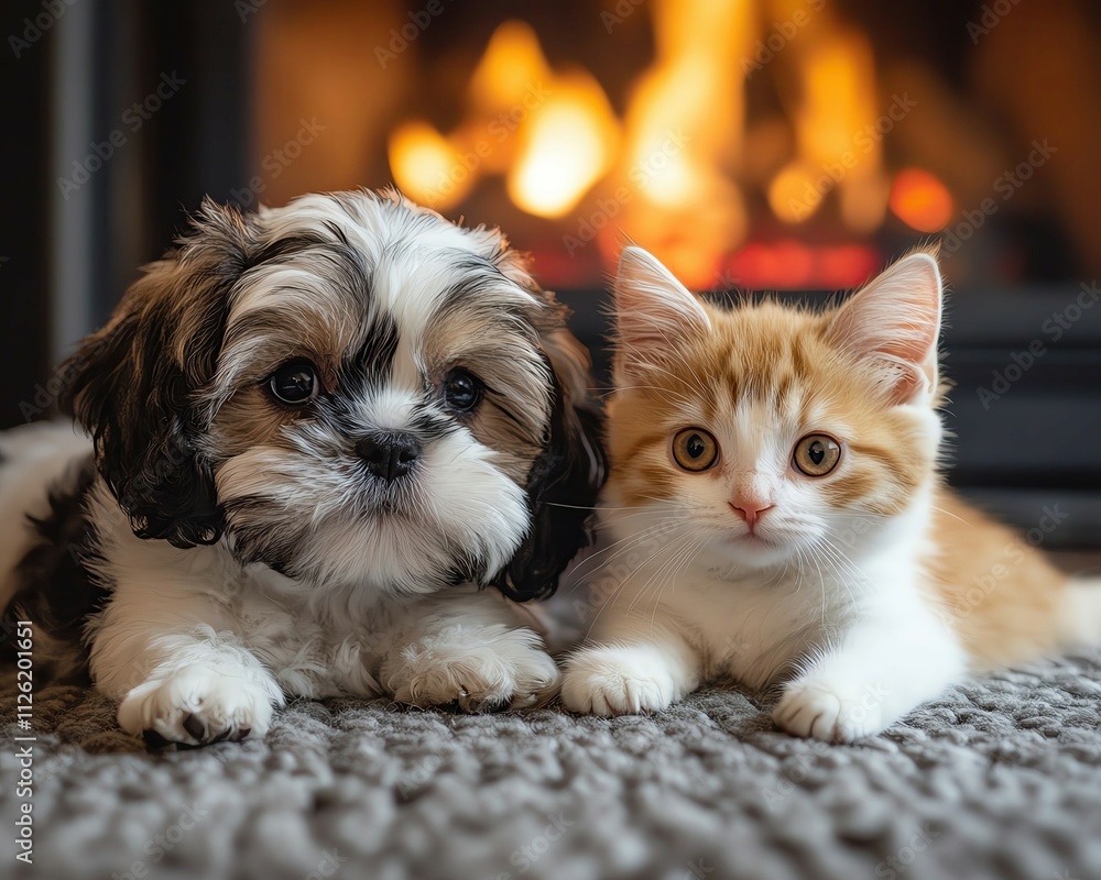 Puppy and Cat Cute dog and cat cuddling ,Puppy and kitten cuddling on blanket by fireplace in cozy room, perfect for cozy pet photography and adorable puppy and kitten cozy lifestyle content Puppy and Cat Cute dog and cat cuddling ,Puppy and kitten cuddling on blanket by fireplace in cozy room, perfect for cozy pet photography and adorable puppy and kitten cozy lifestyle content