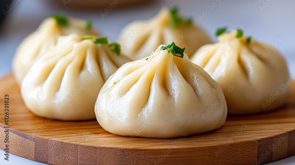 Four dumplings with parsley on top sit on a wooden cutting board. The parsley adds a pop of color and freshness to the dish Four dumplings with parsley on top sit on a wooden cutting board. The parsley adds a pop of color and freshness to the dish