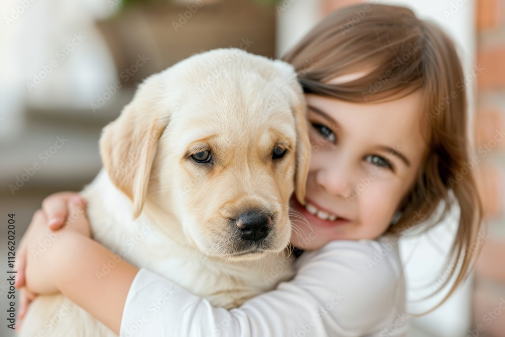 A heartwarming scene of a young girl hugging a cute Labrador puppy, showcasing the pure love and bond between children and pets. A heartwarming scene of a young girl hugging a cute Labrador puppy, showcasing the pure love and bond between children and pets.